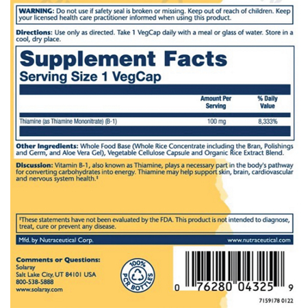 Supplement Facts label for Solaray Vitamin B1 as Thiamine 100 MG