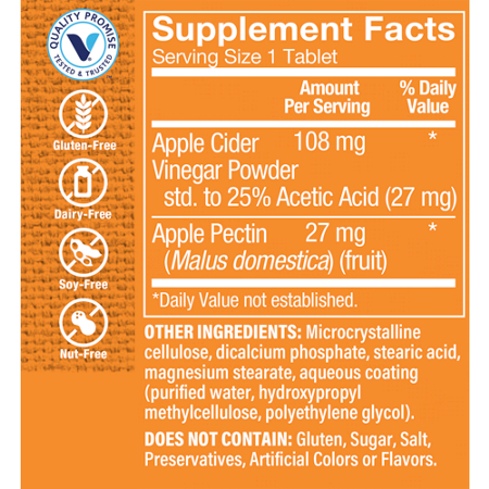 Supplement Facts label for Apple Cider Vinegar with Apple Pectin Tablets 108 MG