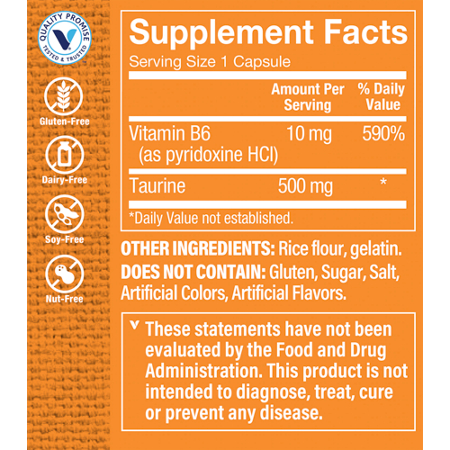 Supplement Facts label for Taurine 500mg capsules