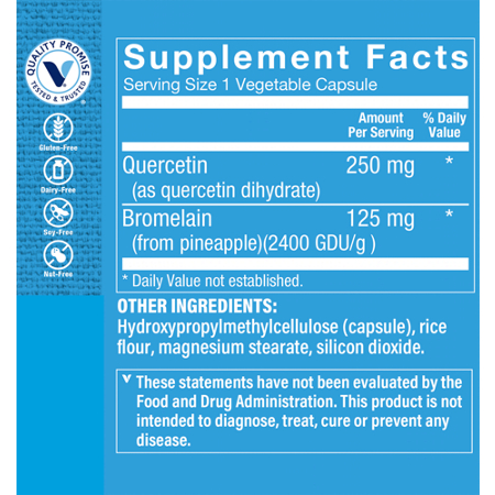 Supplement Facts label for Quercetin With Bromelain Immune & Seasonal Support