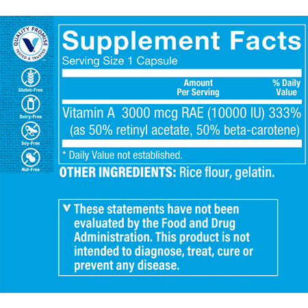 Label for Dry Non-Oily Vitamin A 10000 IU Supplement