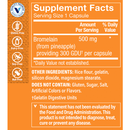 Supplement Facts label for Bromelain Enzyme Sourced from Pineapples 500 MG