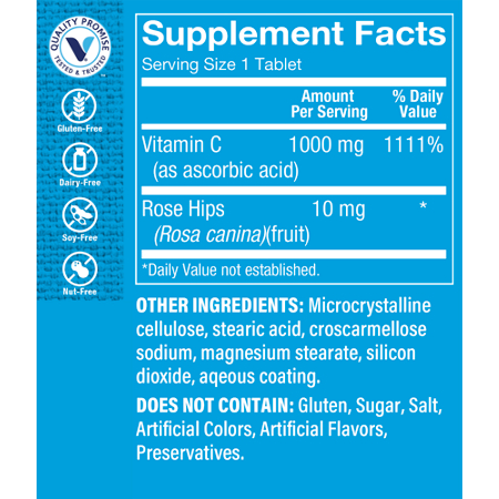 Supplement Facts label for Vitamin C with Rose Hips Tablets 1000 MG