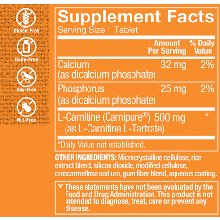 Supplement Facts label for Carnipure L-Carnitine 500 MG Tablets