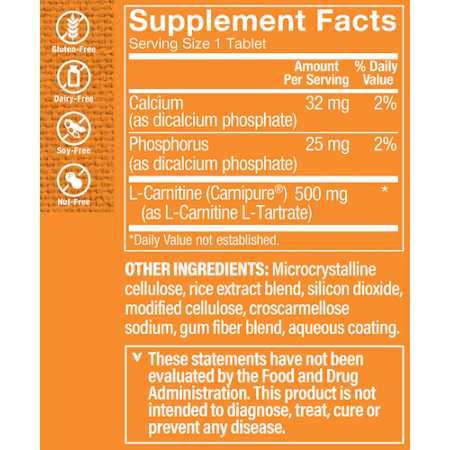 Supplement Facts label for Carnipure L-Carnitine Amino Acid 500 MG