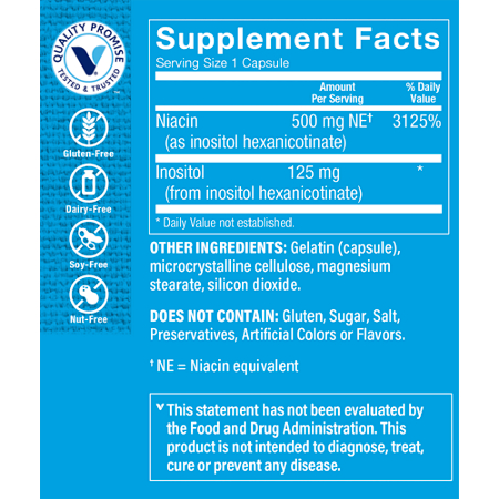 Supplement Facts label for No Flush Niacin Energy Production capsules 500 MG