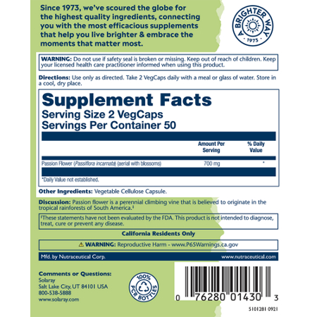 Supplement Facts label for Solaray Passion Flower 350 MG