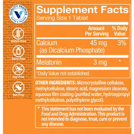 Supplement Facts label for Melatonin Sustained Release for Sleep Support 3 MG