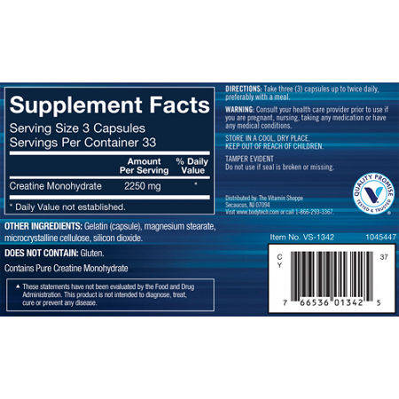 Supplement Facts label for BodyTech Creatine Monohydrate Capsules 2250 MG
