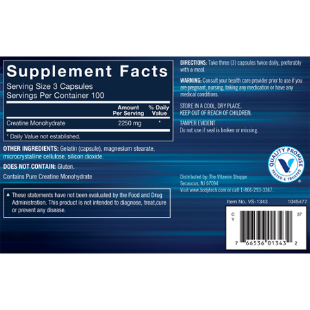 Supplement Facts label for BodyTech Creatine Monohydrate