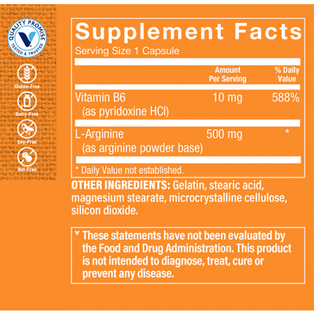 Supplement Facts label for L-Arginine Amino Acid capsules 500 MG