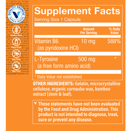 Supplement Facts label for L-Tyrosine 500 MG