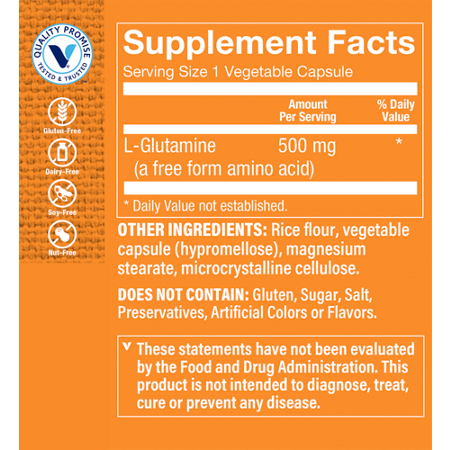 Supplement Facts label for L-Glutamine Free Form Amino Acid 500 MG