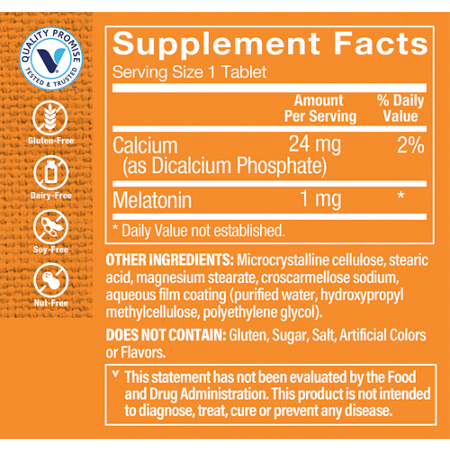 Supplement Facts label for Melatonin for Sleep Support Tablets 1 MG