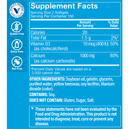Supplement Facts label for Calcium 1000 MG Softgels