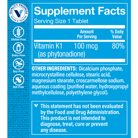 Vitamin K1 Supplement Label for Bone Health, 100 MCG