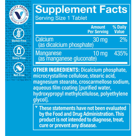 Supplement Facts label for Manganese Supports Bone and Teeth Health 10 MG