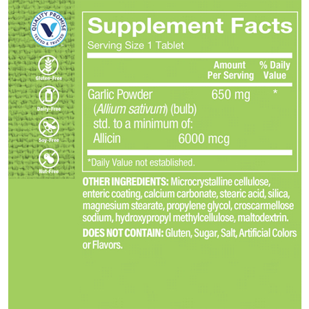 Supplement Facts label for Allicin 6000 Standardized Garlic Extract 650 MG