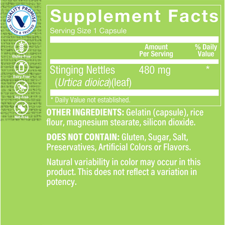 Supplement Facts label for Stinging Nettles 480 MG