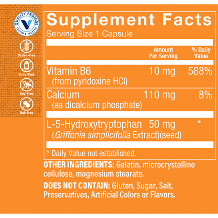 Supplement Facts label for 5-HTP with Vitamin B6 for Mood Support 50 MG