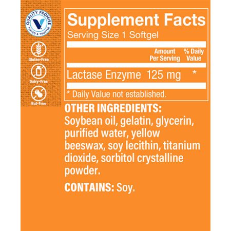Supplement Facts label for Lactase Enzyme for Lactose Digestion softgels 125 MG