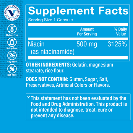 Supplement Facts label for Niacinamide Energy Production 500 MG