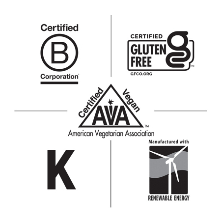 Certified B Corp vegan gluten-free renewable energy symbols