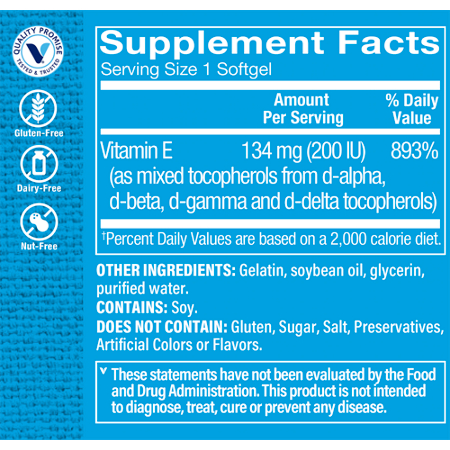 Vitamin E Supplement Label 200 IU for Heart and Immune Health