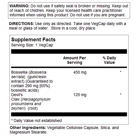 Supplement Facts label for Solaray Boswellia 450 MG
