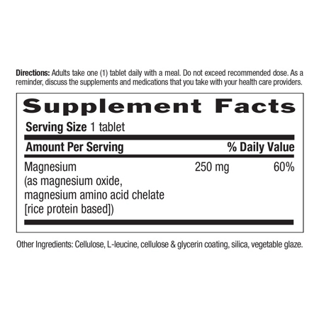 Supplement Facts label for Country Life Chelated Magnesium Tablets 250 MG