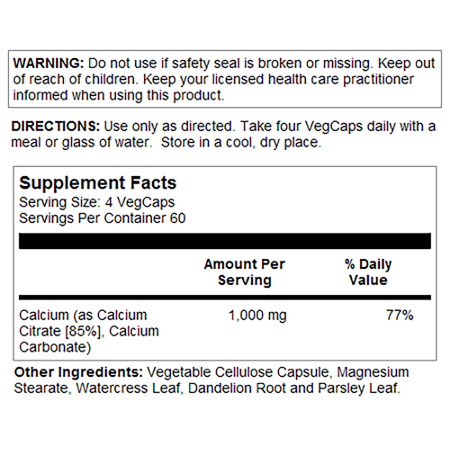 Solaray Calcium Citrate 1000 MG Supplement Facts label