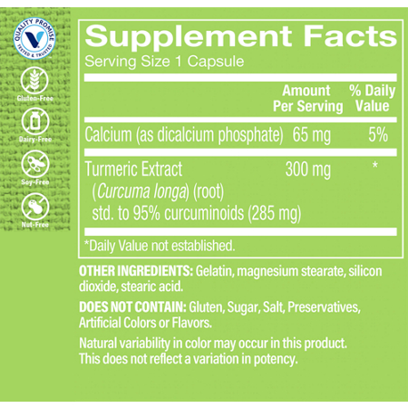 Supplement Facts label for Turmeric Extract 300 MG 95 Percent Curcuminoids