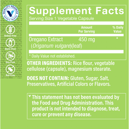 Oregano Extract 450 MG Supplement Label