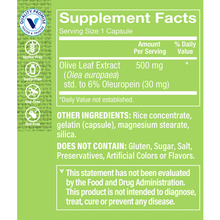 Supplement Facts label for Olive Leaf Extract Capsules 500 MG
