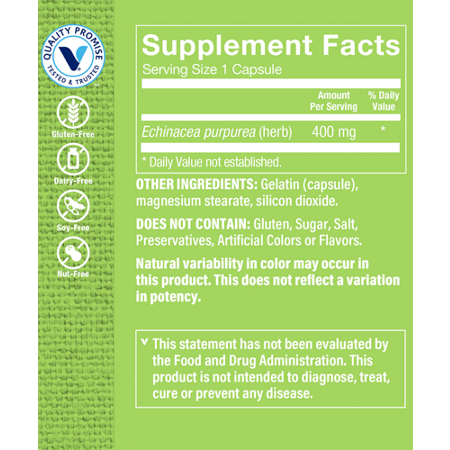 Supplement Facts label for Echinacea Immune Support Capsules 400 MG