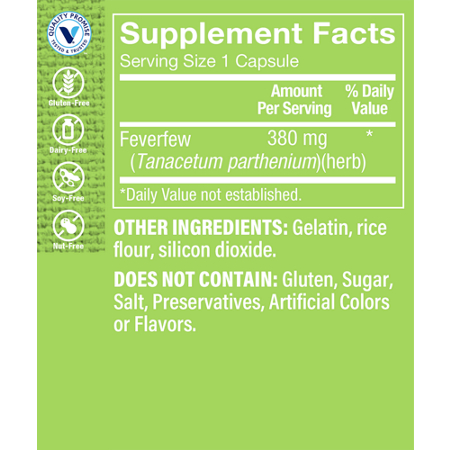 Supplement Facts label for Feverfew 380 MG capsules