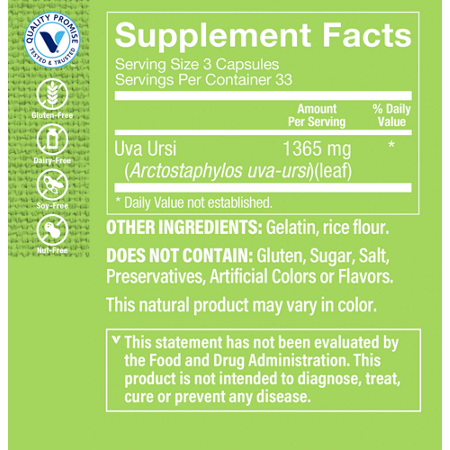 Supplement Facts label for Uva Ursi for Fluid Balance 1365 MG per Serving