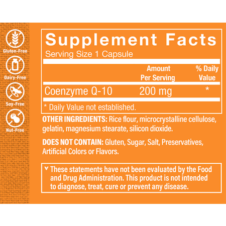 Supplement Facts label for CoQ10 Capsules 200 MG
