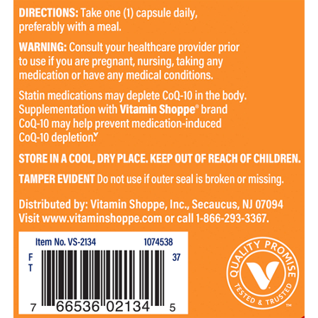 The Vitamin Shoppe CoQ-10 label for heart health and energy