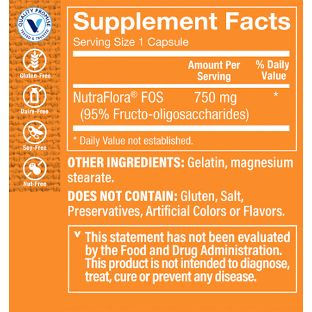 NutraFlora FOS Prebiotic 750 MG Supplement Facts label