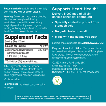 Supplement Facts label for Natures Way Garlinase 5000 Allicin tablets 320 MG