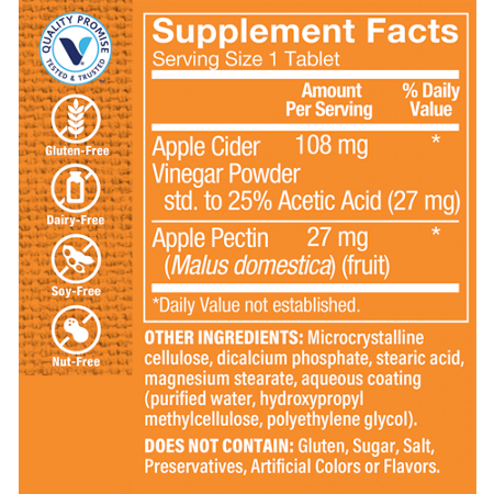 Supplement Facts label for Apple Cider Vinegar with Apple Pectin 108 MG