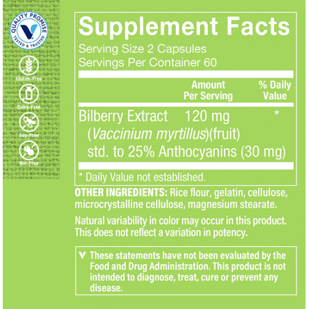 Bilberry Extract Supplement Facts Label, 120 MG