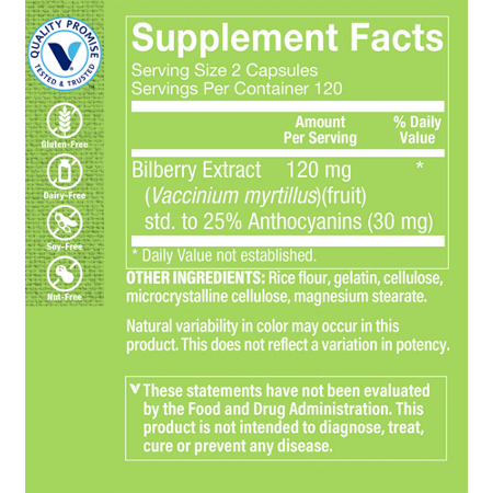 Supplement Facts label for Bilberry Extract Capsules 120 MG