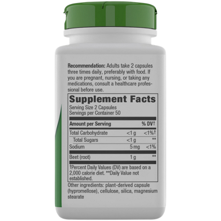 Supplement Facts label for Natures Way Beet Root Capsules 500 MG