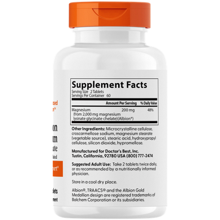 Supplement Facts label for Doctors Best 100 Percent Chelated Tablets