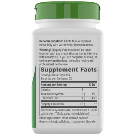 Supplement Facts label for Natures Way Slippery Elm Bark Capsules 1600 MG