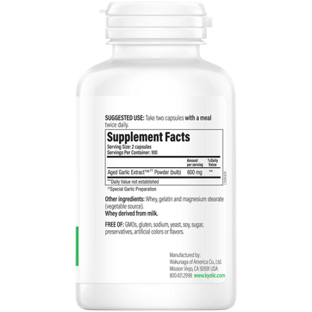 Wakunaga Kyolic Garlic Extract Supplement Facts Label