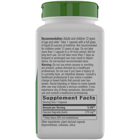 Supplement Facts label for Natures Way Cascara Sagrada Vegan Capsules 350 MG