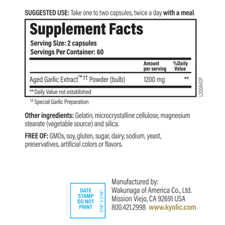 Supplement Facts label for Kyolic Aged Garlic Extract